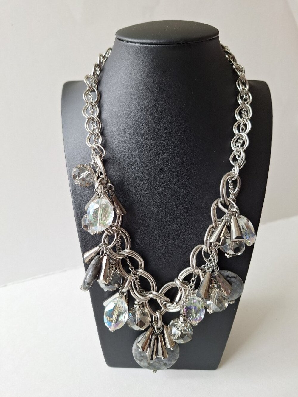 Chunky Silver Chain Cluster Statement Necklace AB Crystal Glass Beads